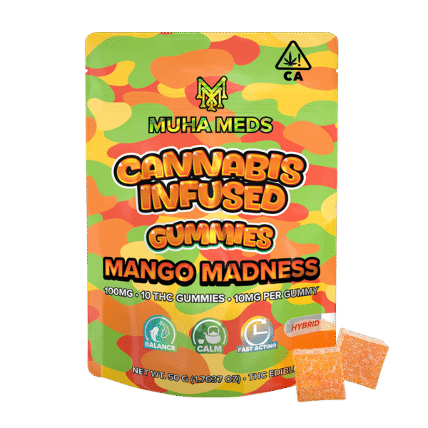 Muha Meds THC Gummies in assorted fruit flavors with colorful packaging