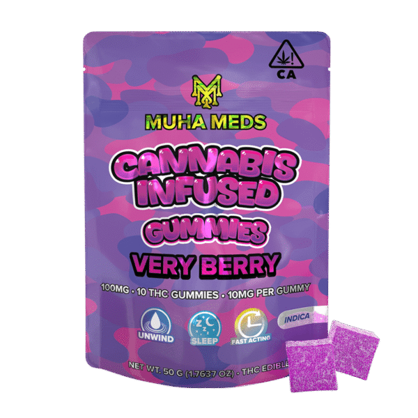 Muha Meds THC Gummies in assorted fruit flavors with colorful packaging