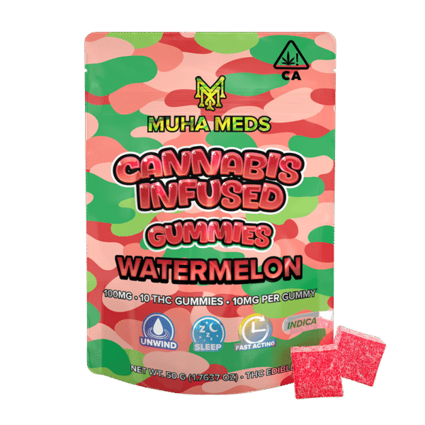 Muha Meds THC Gummies in assorted fruit flavors with colorful packaging