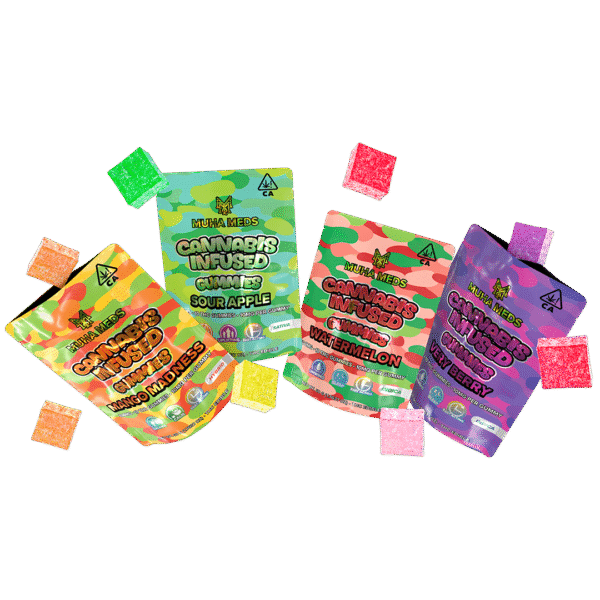 Muha Meds THC Gummies in assorted fruit flavors with colorful packaging