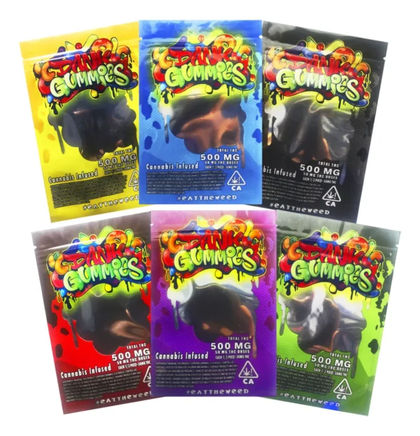 Close-up of Dank Gummies THC-infused edible gummies in assorted flavors