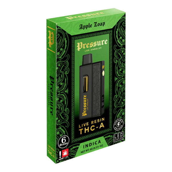 Close-up of Pressure 2g vape cartridge with high-quality THC oil and natural flavor terpenes