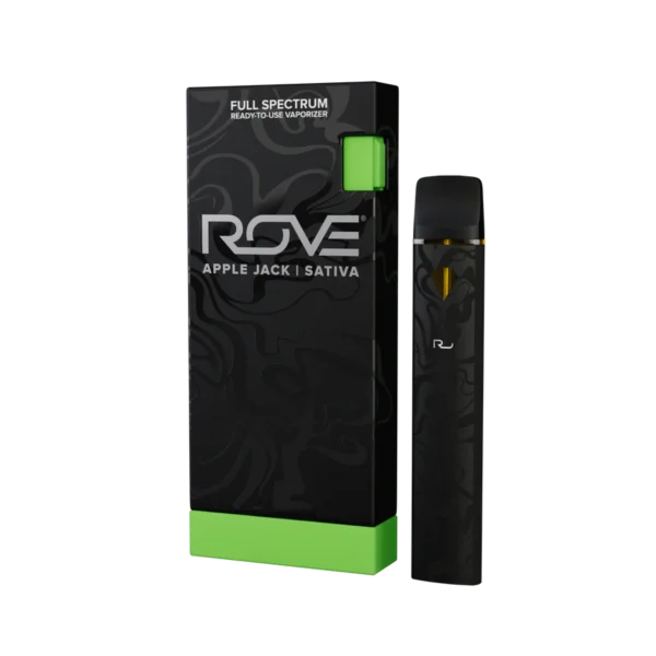 Rove Disposable THC Vape Pen with sleek black design and strain-specific labeling
