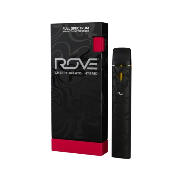 Rove Disposable THC Vape Pen with sleek black design and strain-specific labeling
