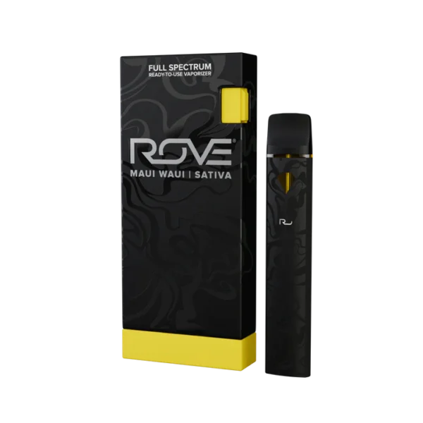 Rove Disposable THC Vape Pen with sleek black design and strain-specific labeling