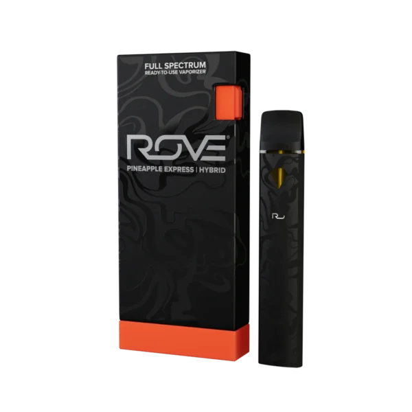 Rove Disposable THC Vape Pen with sleek black design and strain-specific labeling