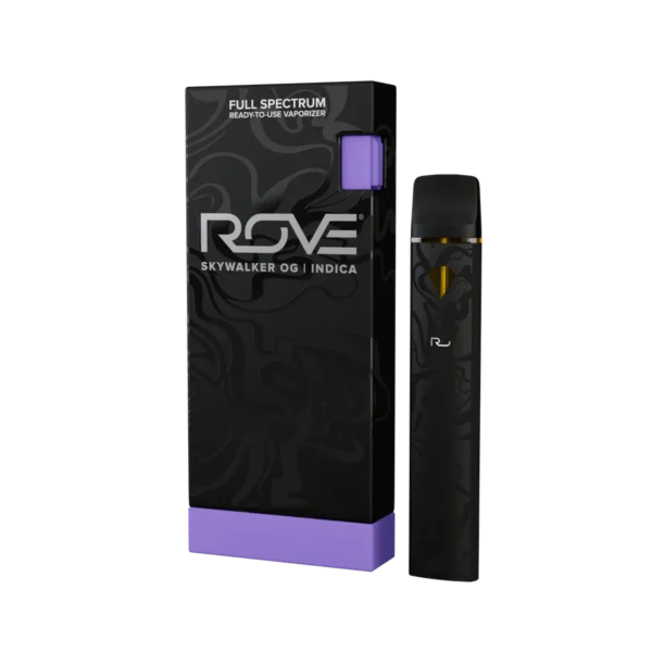 Rove Disposable THC Vape Pen with sleek black design and strain-specific labeling